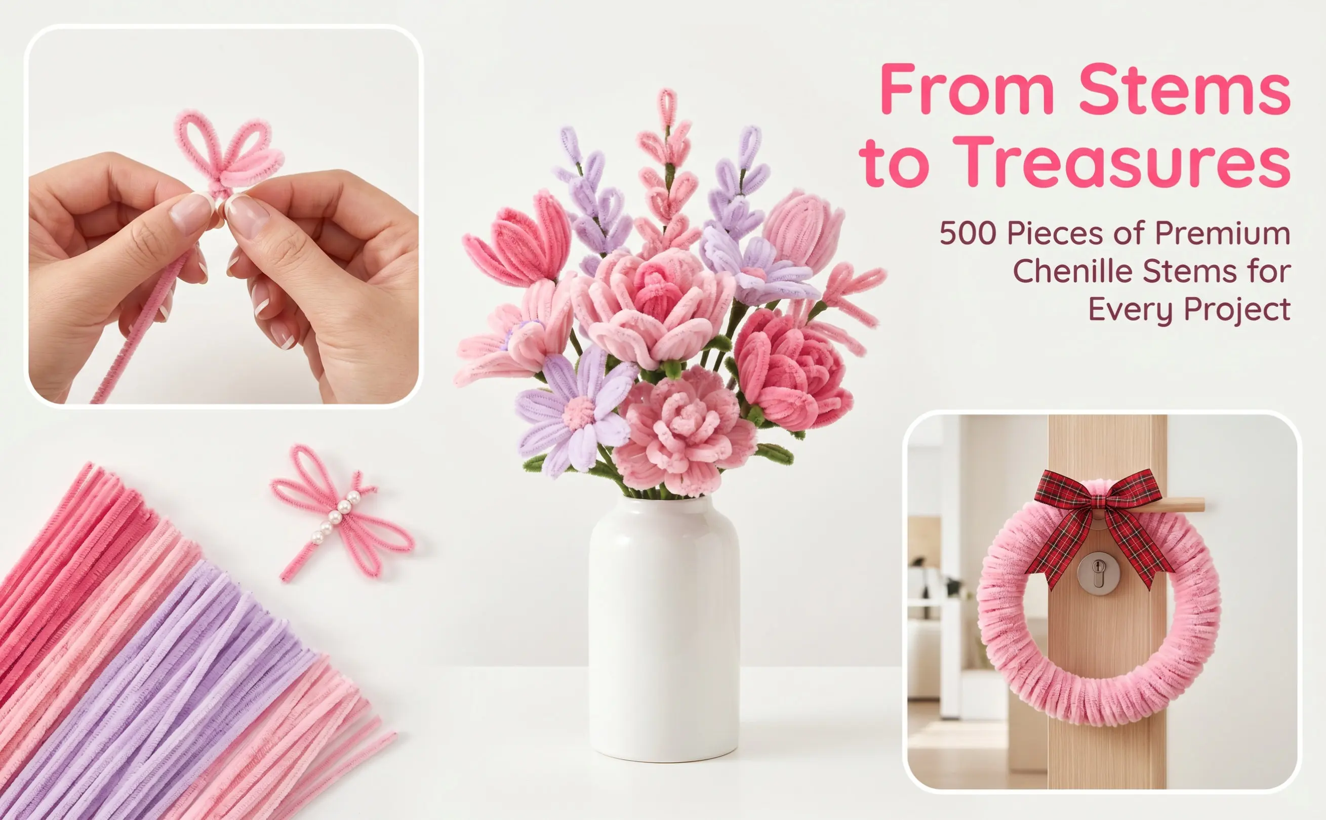 500Pcs Chenille Stem Pipe Cleaners for Crafting Twisting Rods Thick Soft Wire DIY Craft Kits Handmade Flower Making Floral