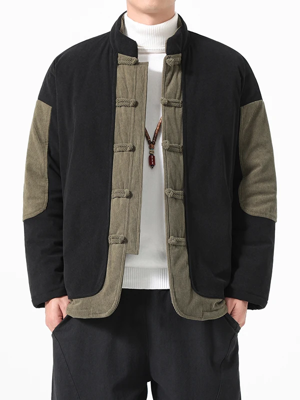 

Мужской зимний утепленный хлопковый пиджак в стиле ретро-тан с воротником-стойкой, на пуговицах, с вельветовыми вставками