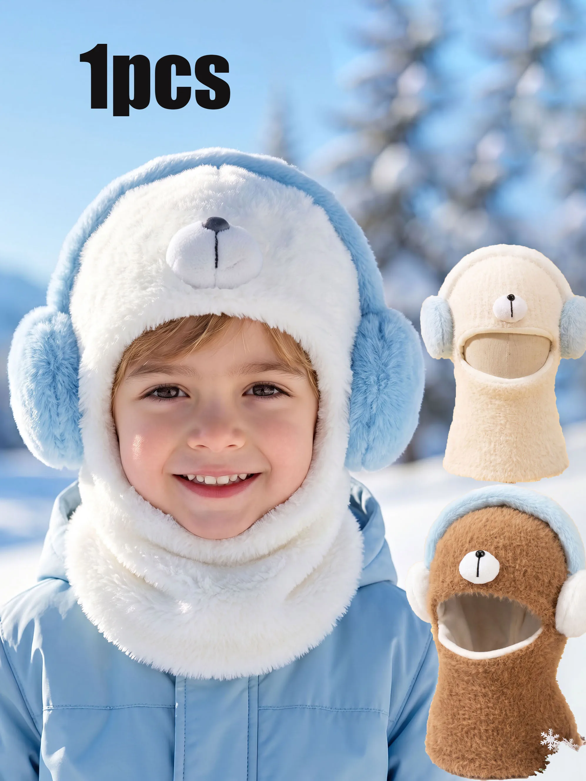 1pcs Cute Boys Kids Knit Balaclava, Cartoon Bear Earphone Decor Soft Thin Integrated Cap