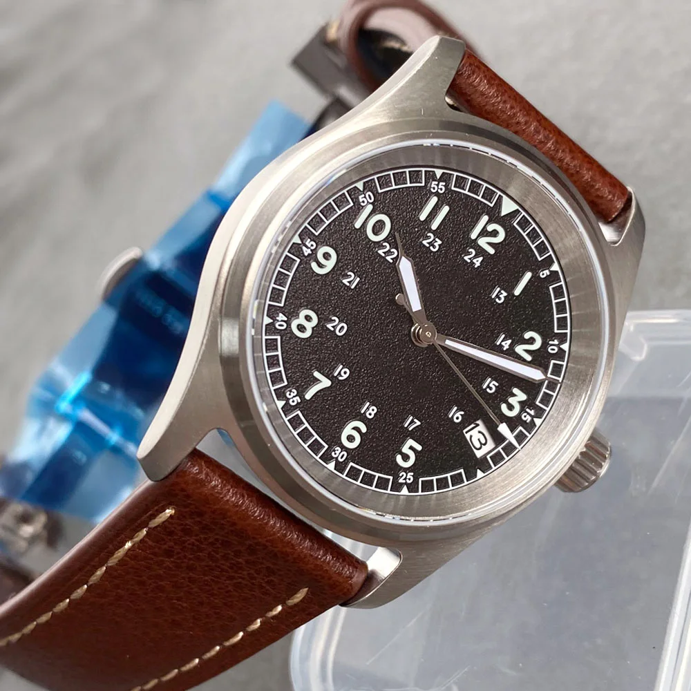 Tandorio 36MM NH35 Small Pilot Aviator Automatic 20ATM Waterproof Wristwatch Military Oil Crow Dial 3.8 Date Arrow Hands