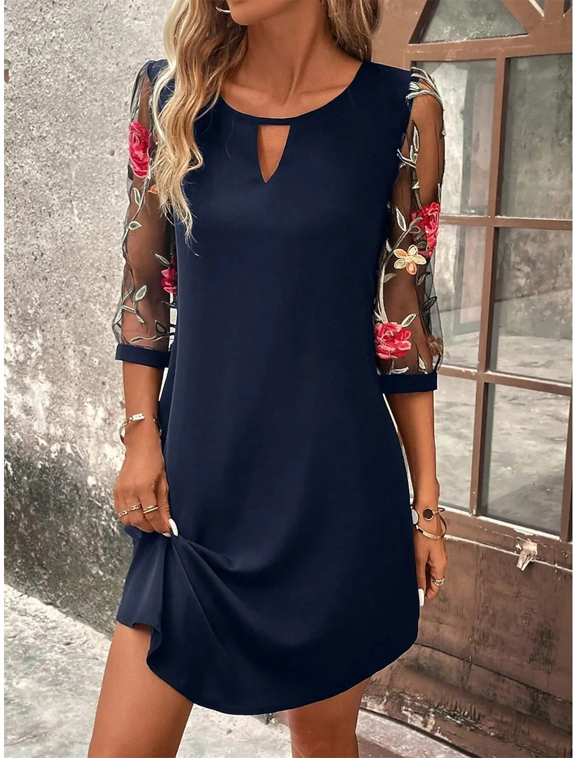 

Luxury Dress Women's Perspective Mid Sleeve Printed Round Neck Mini Skirt Summer Party Dress