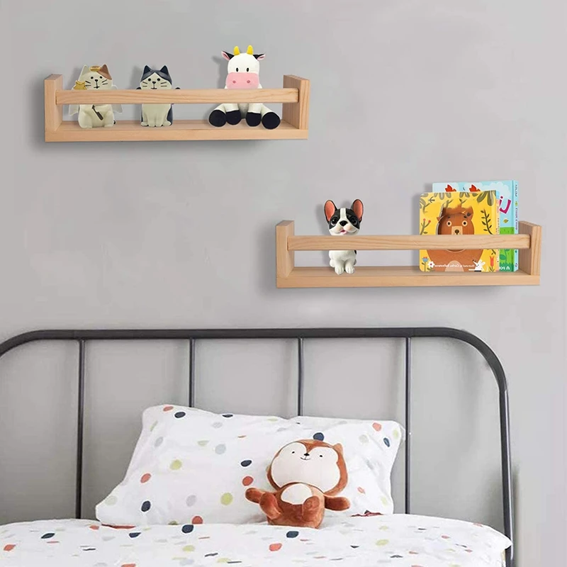 2Pcs Bookshelf,Natural Wood Floating Wall Bookshelf For Kids,Nursery Shelves For Wall,Bathroom Decor, Kitchen Spice Rack