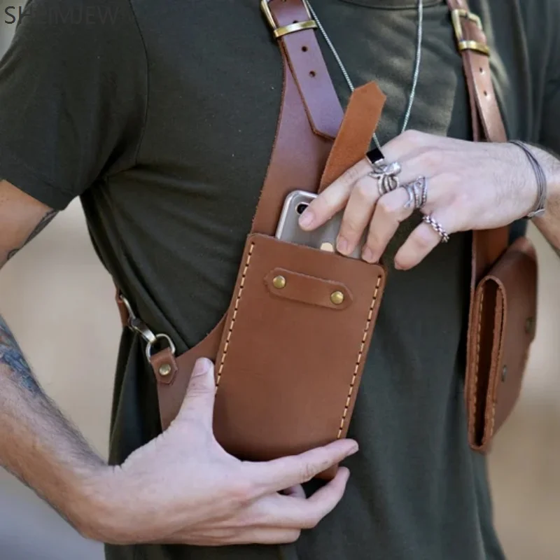 패션 더블 어깨 스트랩 멀티 포켓 남자 야외 도난 방지 가슴 가방 중세 가죽 다기능 Crossbody 가방 Walle