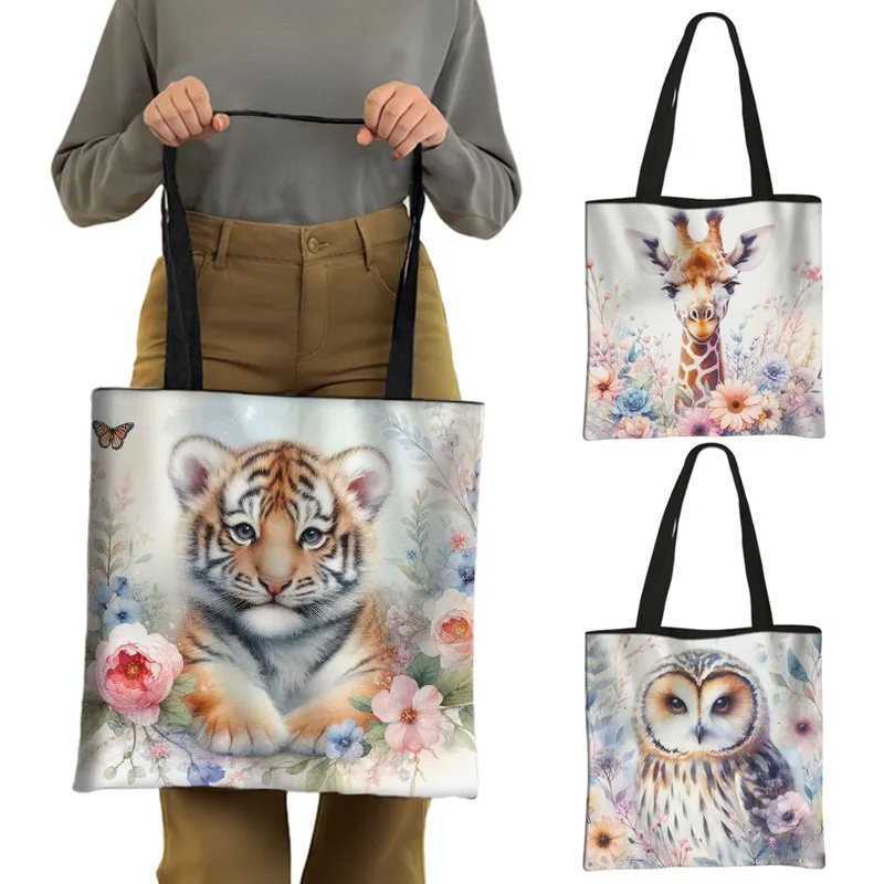 Schattige Aquarel Vos Uil Boodschappentassen Tijger Luiaard Wasbeer Bloemen Bakken Vrouwen Handtas Grote Capaciteit Shopper Tassen Boodschappentas