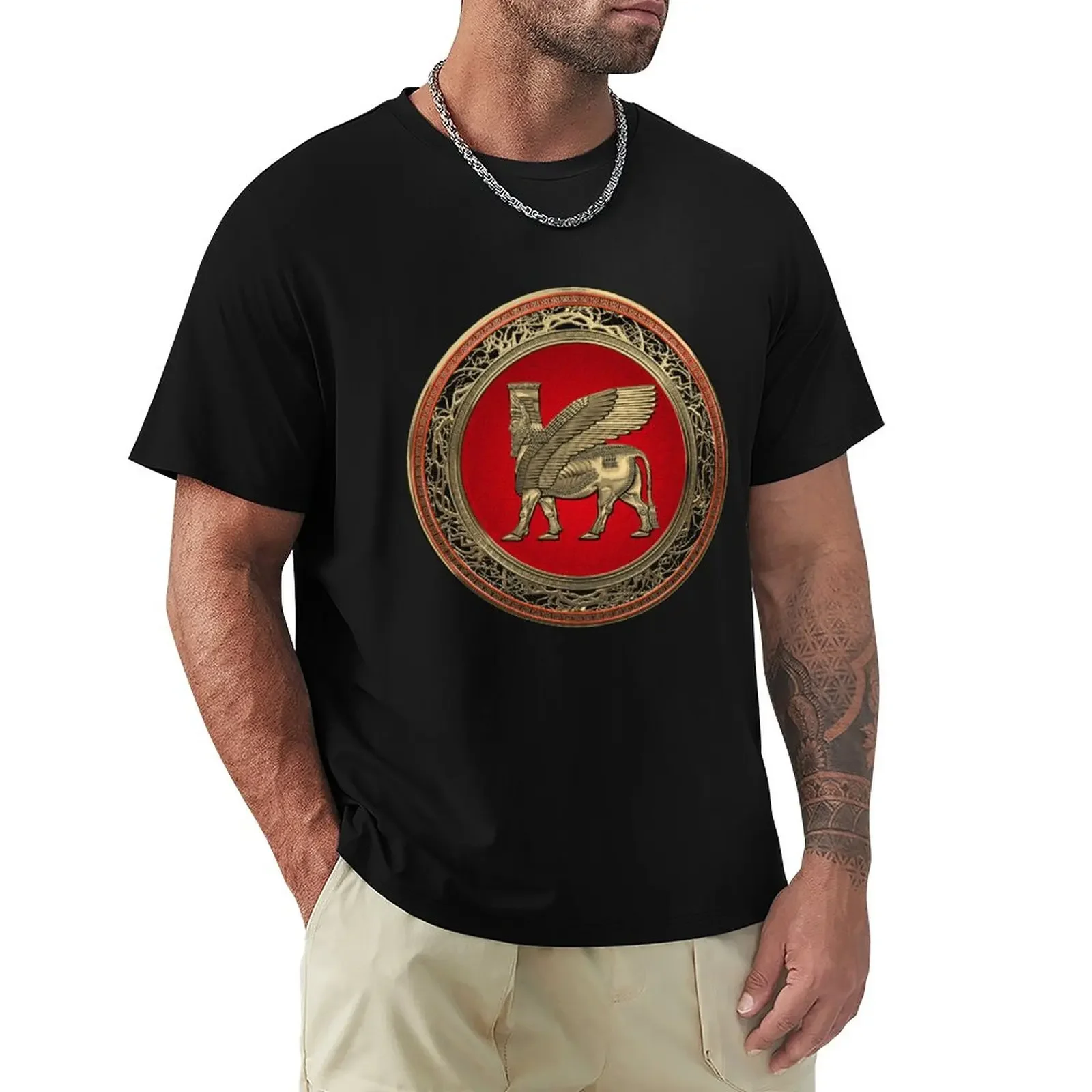 Assyrian Winged Bull - Gold Lamassu over Black Velvet T-Shirt heavyweight t shirts plus size t shirts cute tops men clothing