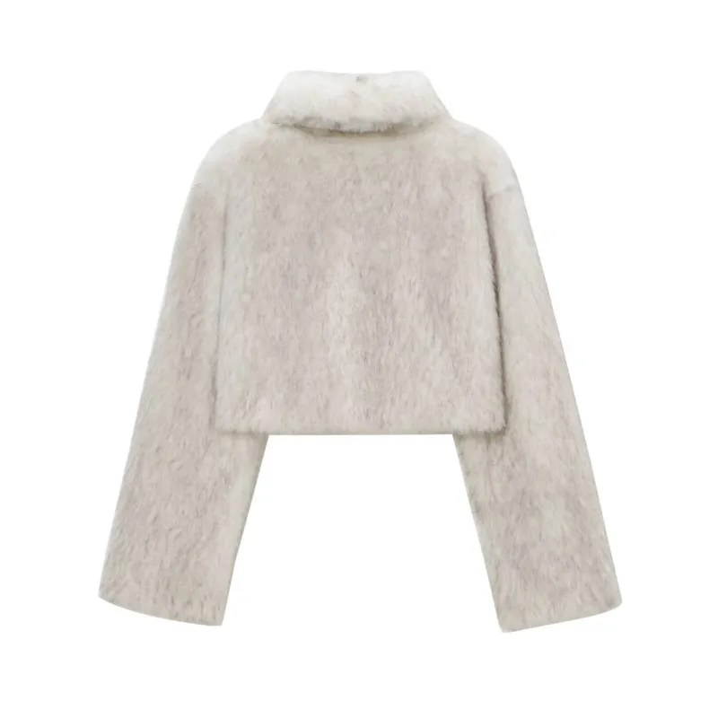 TRAF Women Imitation Mink Fur Jacket for Autumn Long Sleeved Casual High Street Short Jacket Button Decoration Jacket