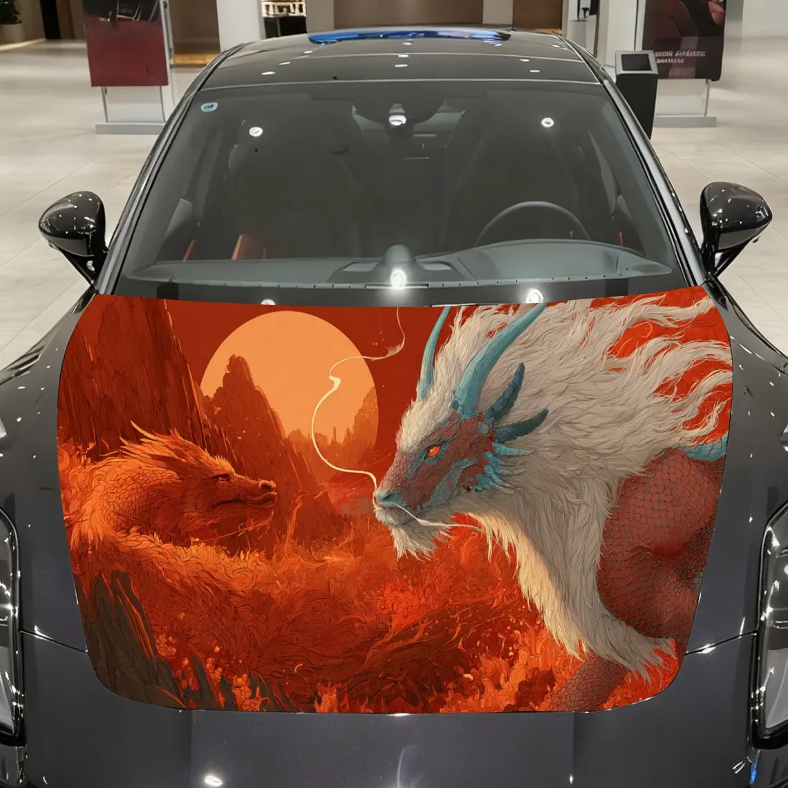Blazing Fire Realm Twin Beasts Pattern car hood stickers, waterproof self-adhesive, scratch resistant, easy to stick, durable ca