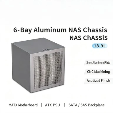 6‑Bay NAS Chassis, 2mm Anodized Aluminum Shell, Support MATX Motherboard ATX Power Supply Storage Server Case