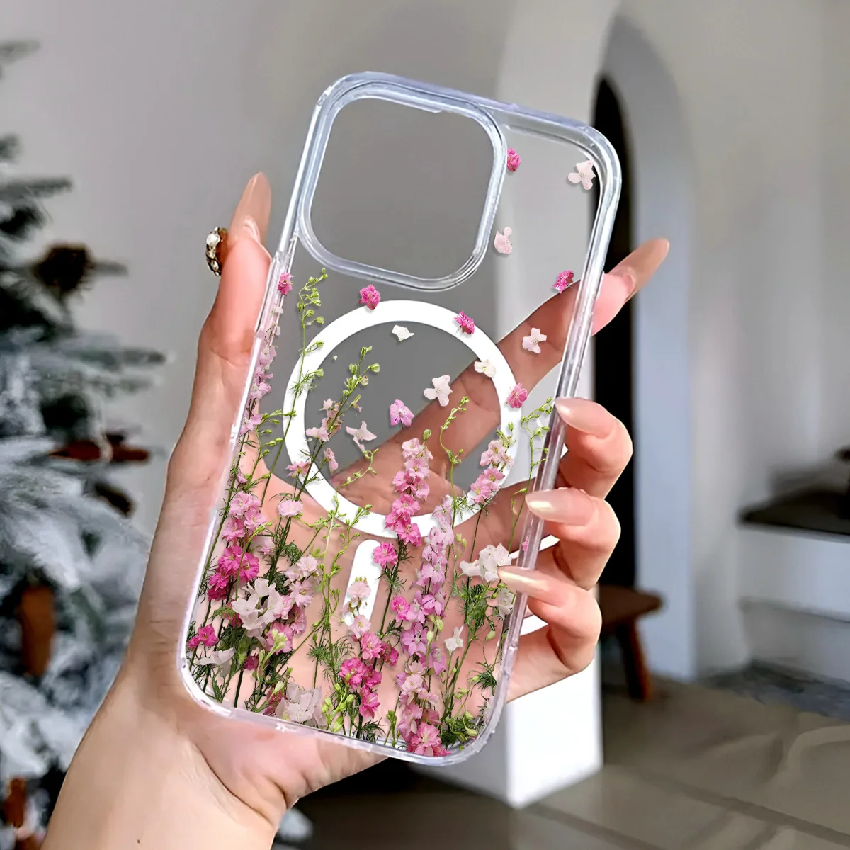 

New Pink Flower Pattern Gift Magnetic Magsafe Transparent Phone Case For iPhone 16 15 14 13 12 11 Pro Max 15 Plus Cover Fundas