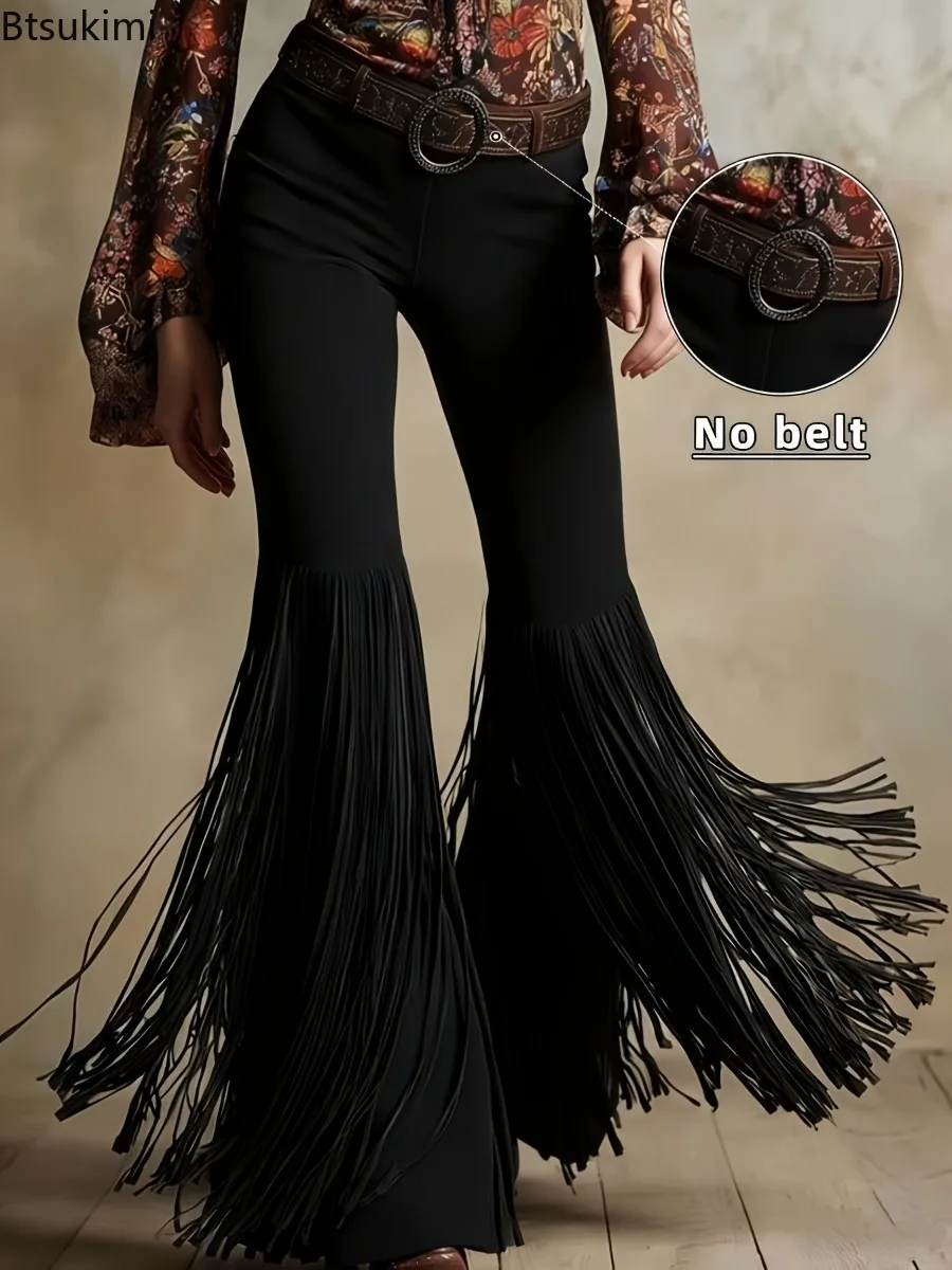 2026 New Women's Retro Western Suede Tassel Pants Spring Fashion Personality Streetwear Women Solid Mid-waist Slim Fit Trousers