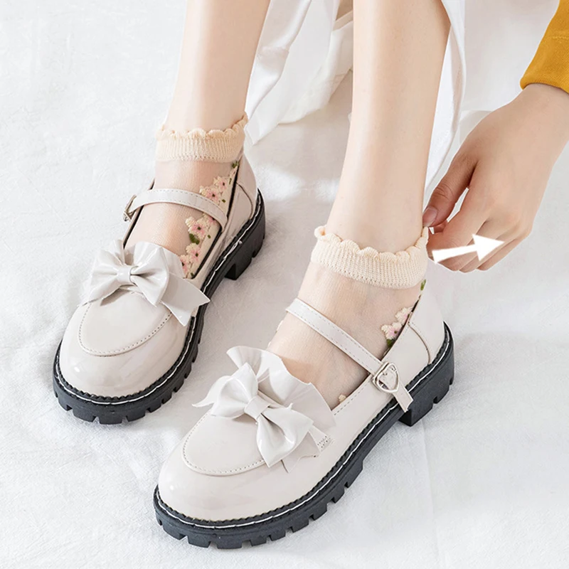 7 Pairs Women Floral Printed Transparent Socks Fashionable Cute Lace Sweat Absorbing Breathable Soft Comfortable Casual Socks image 6