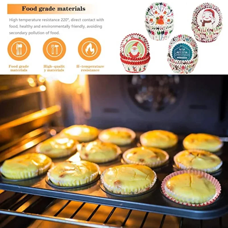 100Pcs Christmas Cupcake Paper Cups Muffin Cupcake Liners Santa Christmas Tree Pattern Merry Cake Mold Baking Party Decorations