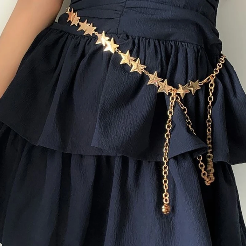 Vintage Women Waist Belt Female Metal Star Pentagram Chain Belt Tassel Waist Chain Belt Women Decorative Body Jewelry