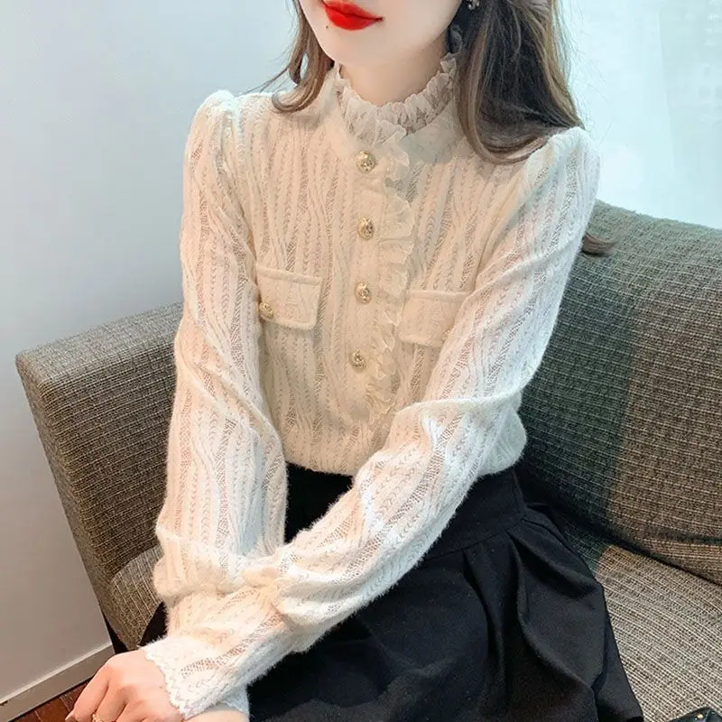 Fungus Collar Lace Shirt Women Long-sleeved Outer Wear High-end Lace Plus Velvet Bottoming Shirt Super Fashionable New Style