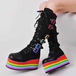 Kolana wysokie buty kobiety moda nowości 2022 Rainbow platforma kowbojki projektant gruba podeszwa buty Botas Altas Plataforma Mujer