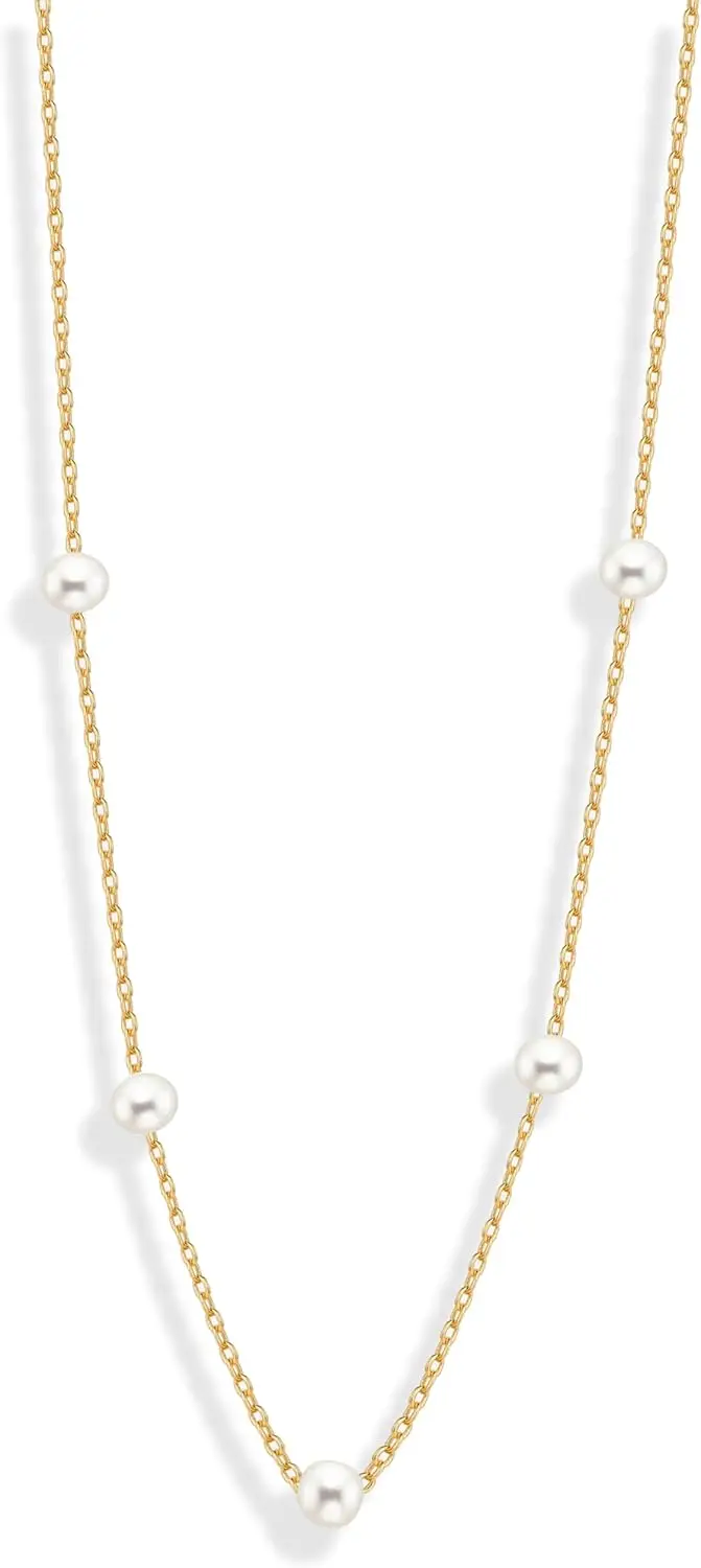 

Elegant Freshwater Pearl Station Necklace | Natural White 3-3.5mm Pearls on Gold or Rhodium Plated