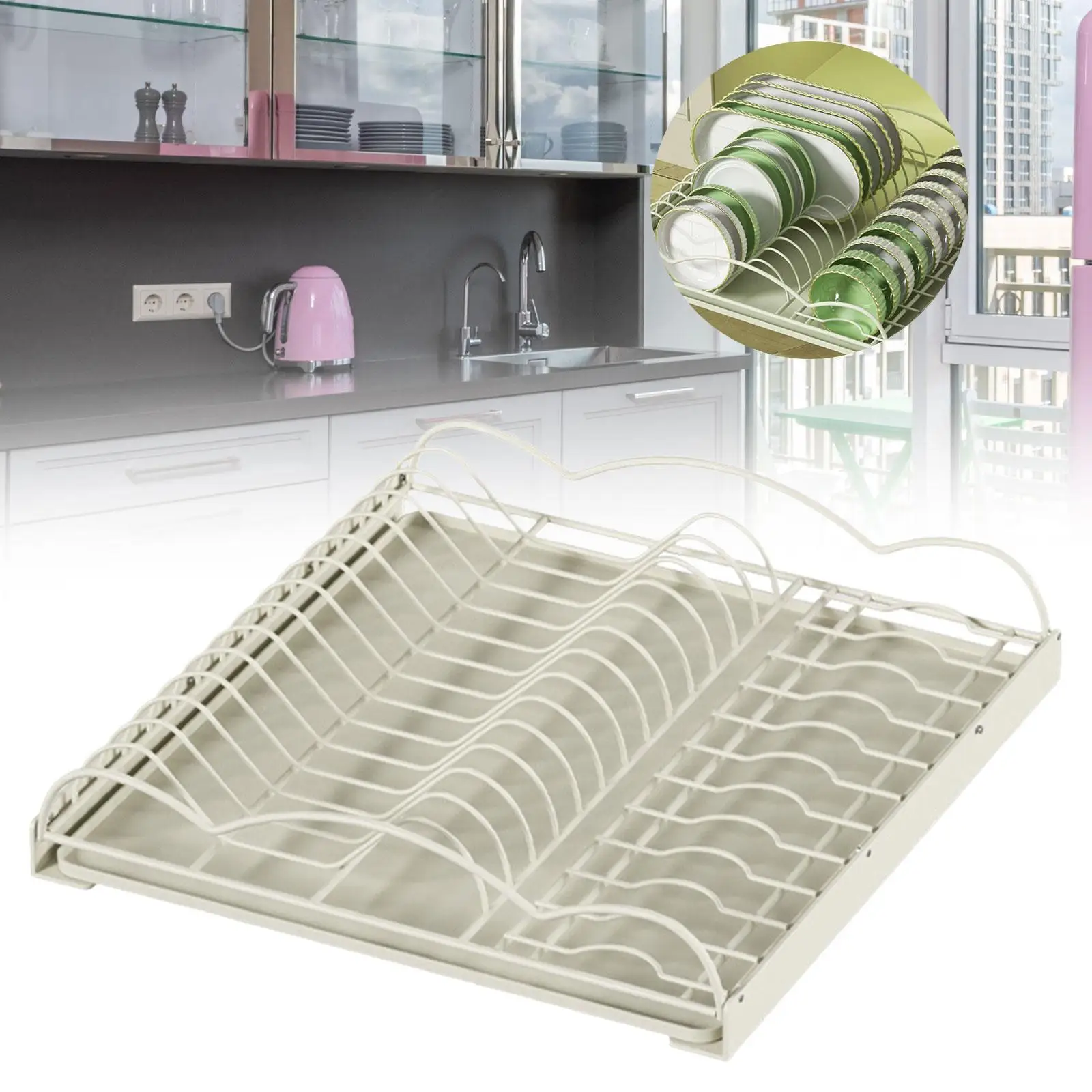 Pull Out Dish Rack Dishes Utensils Portable Cabinet Organizer with Drainboard for Restaurant Office Kitchen Pantry Cabinets