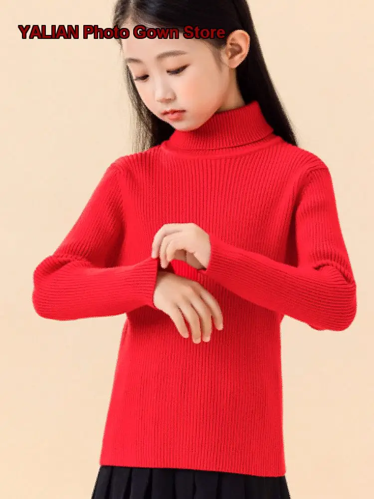 Girls Turtleneck Sweater Kids Winter 2026 New Year Base Layer Top Solid Color for Older Kids High Neck