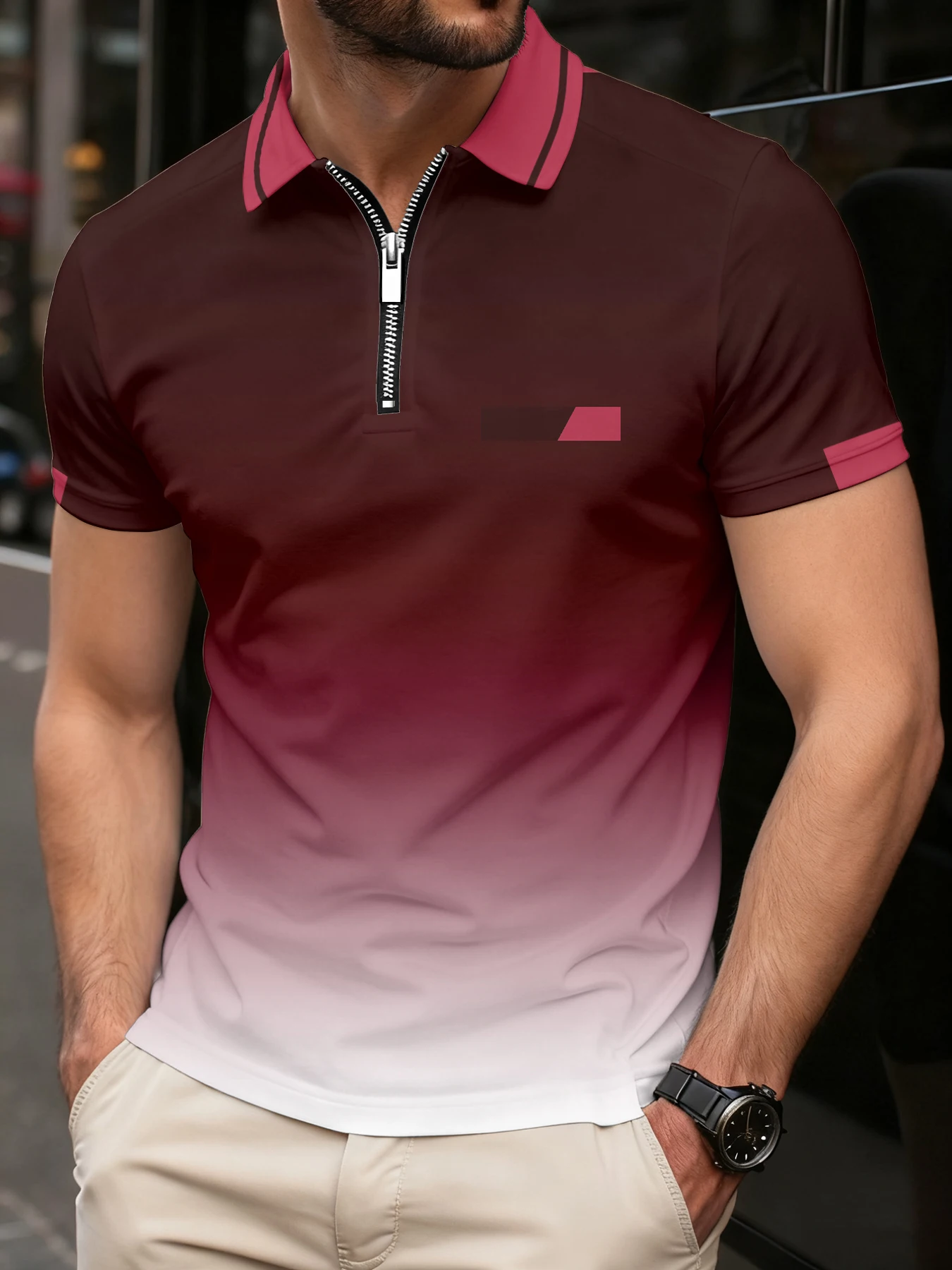 

Men Clothes Summer Slim Fit Short Sleeve Fashion Gradient Color Lapel Polo Shirt Men Fashion Comfortable Golf Zipper Polo Tops