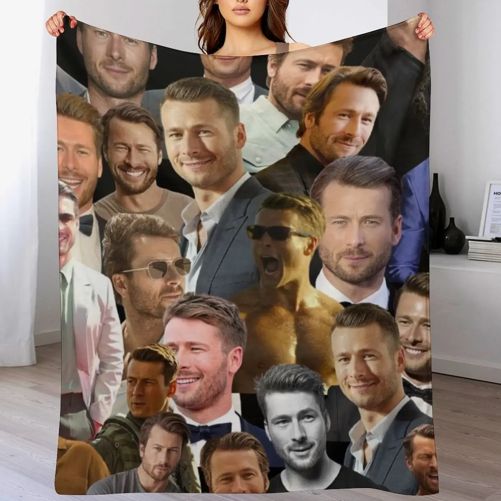 

glen powell photo collage Throw Blanket For Decorative Sofa Furrys Sofas Nap Blankets