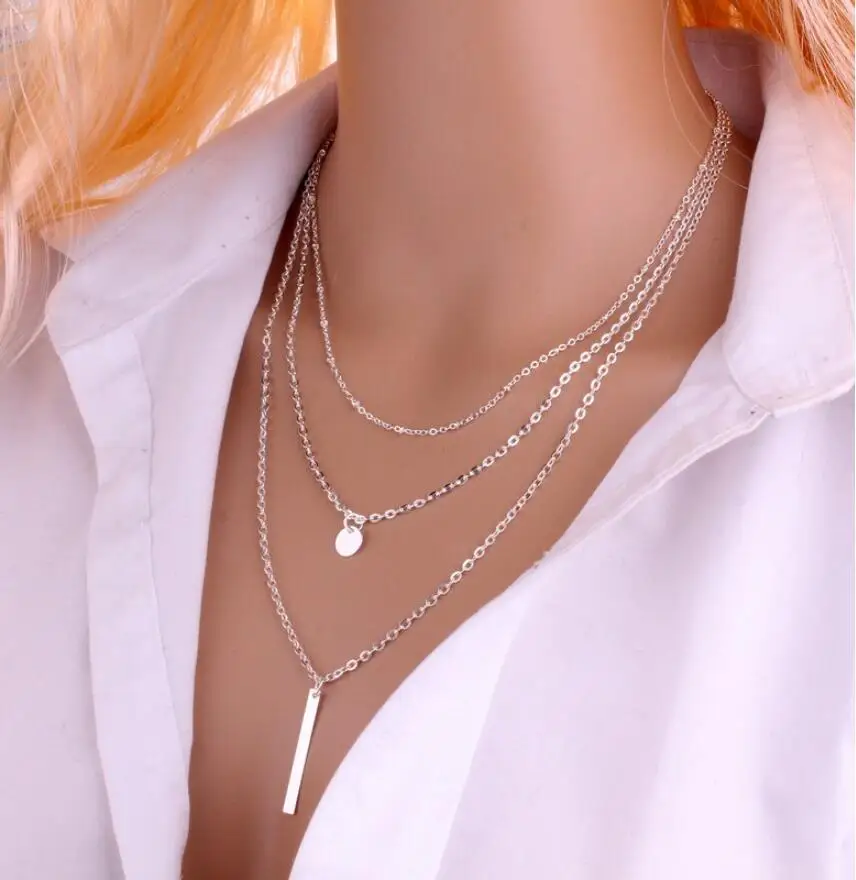 New Women Fashion Gold Color 3 Layers Chain Necklace Hollow Out Triangle Long Pendant Necklaces Jewelry Jewelry Gift image 4