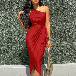 Women's long skirt new irregular sloping shoulder belt slim fit satin dress