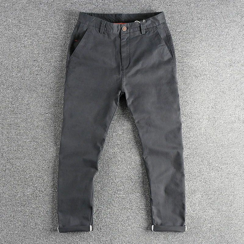 Autumn New Japanese Retro Woven Twill Slim Chino Busniess Pants Men\'s Simple 98% Cotton Washed Casual Straight Pencil Trousers