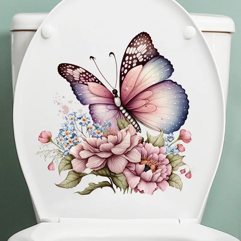 Pink Floral Butterfly Wall Stickers for Bathroom Waterproof Butterfly Toilet Seat Cover Sticker Self-adhesive PVC