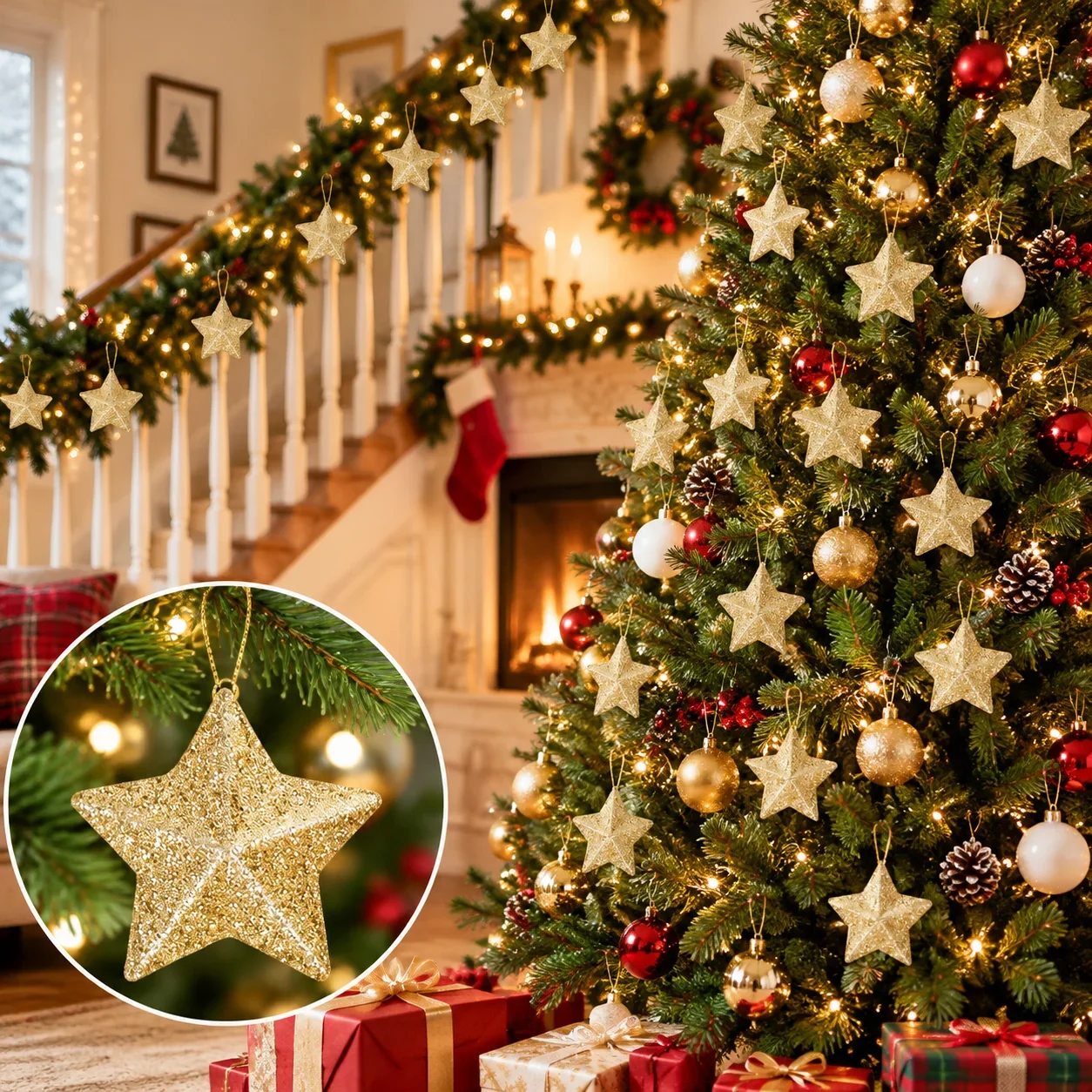 6Pcs 3D Glitter Star Pendant Christmas Tree Hanging Ornaments Multi-color Five-pointed Star Baubles Holiday Party Decor