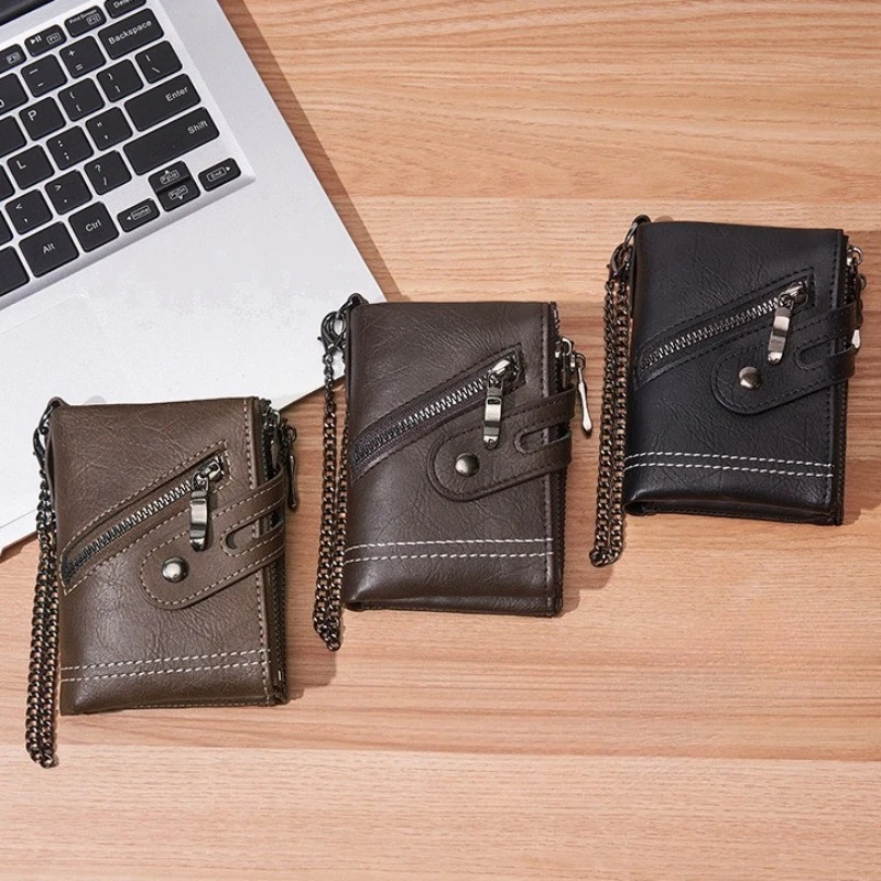 

PU Leather Chain Wallets for Men - Mens Bifold Zipper Wallet with Detachable Chain Purse with Anti-Theft Chain, Gift for Mens