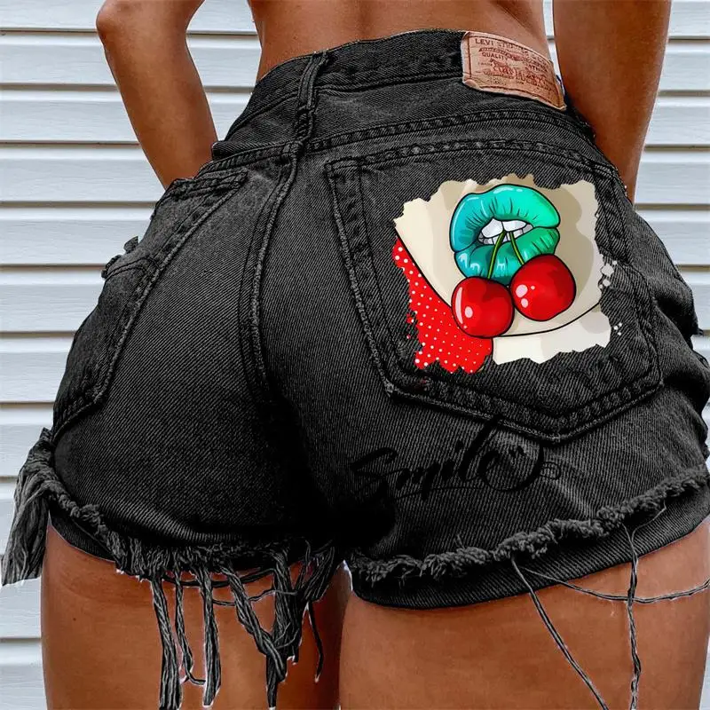 Women's Denim Shorts 2024 Summer New Cherry Print Ripped Raw Edge Fashion Plus Size Shorts