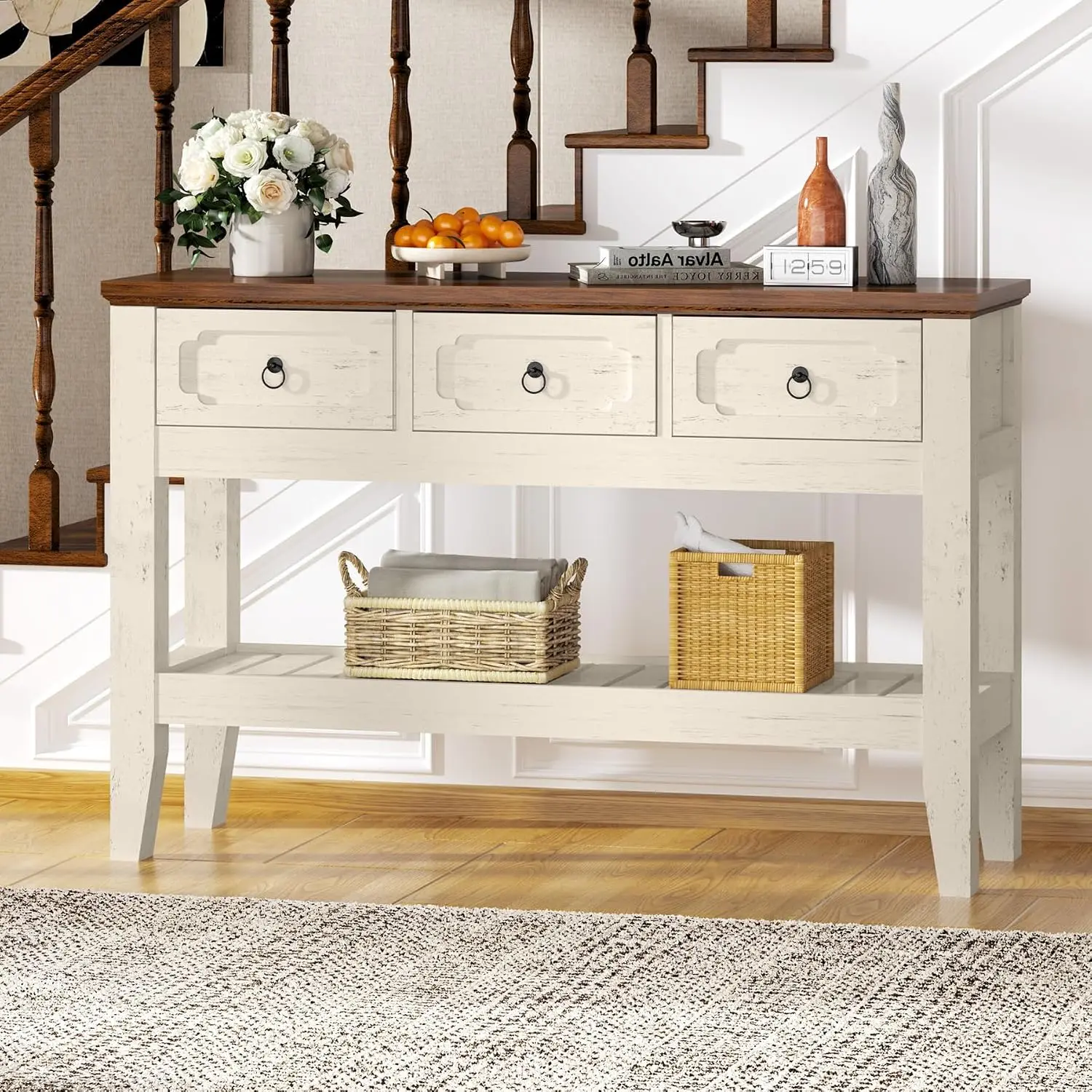 47in Narrow Console Table with Drawers & Bottom Shelf for Entryway Living Room Foyer, Rustic White, Customized