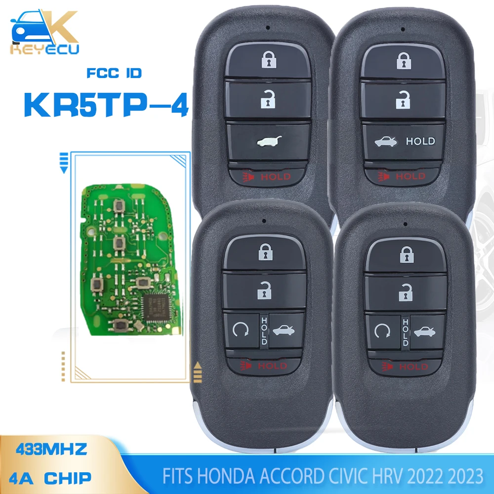 KEYECU KR5TP-4 Keyless Go Smart Remote Key 4B/5B FSK 433.92MHz 4A Chip Fob do Honda Accord Civic HRV 2022 2023 (Original Board)