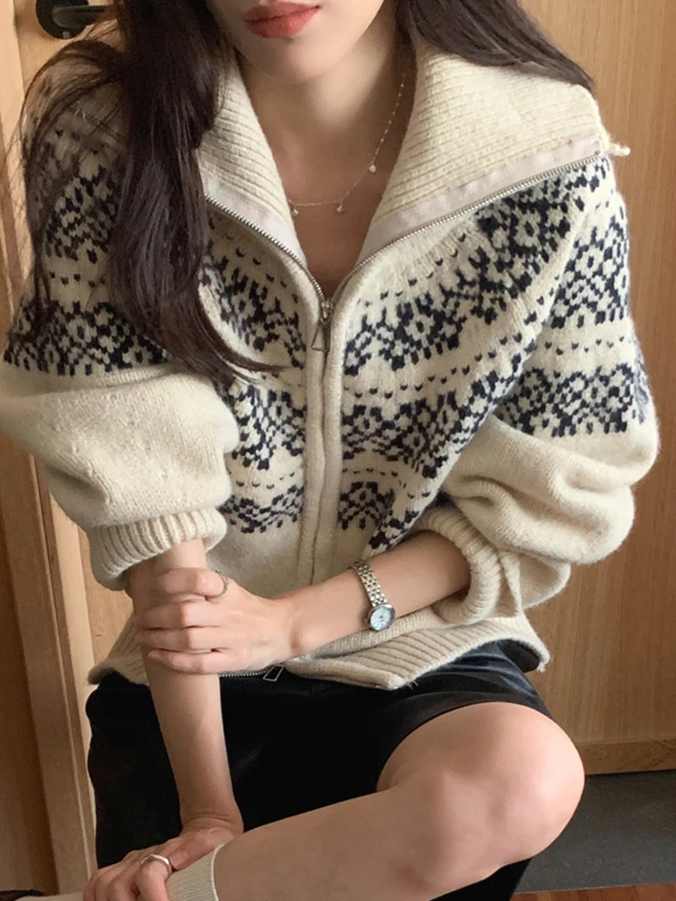 Vintage Womens Cardigans Casual Long Sleeve Chunky Knit Fall Winter Button Down Fair Isle Cardigan Sweaters Zipper Knit Tops