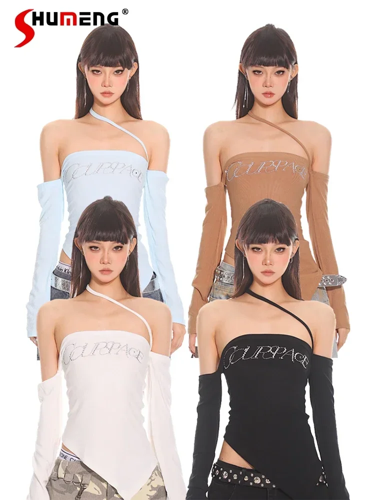 

2024 Early Autumn New Hot Girl Rhinestone T-Shirts Feminine Sexy Off-the-Shoulder Long Sleeve Women's Solid Color Top T-shirt