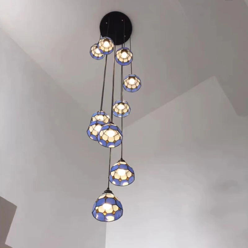 

Mediterranean Staircase Pendant Lights Creative Blue Living Room Loft Duplex Building Rotating Staircase Long Tiffany Lights