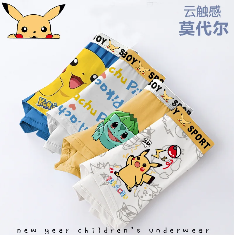 Culottes respirantes Pikachu pour enfants, quatre saisons, section fine en soie glacée, caleçons de dessin animé, 4 pièces