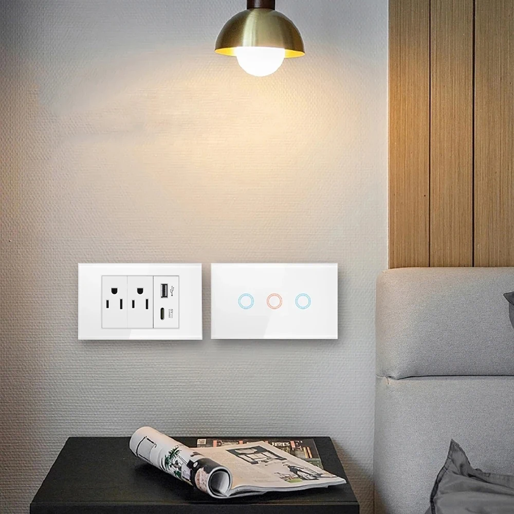 Melery 20A Brazil/US/Italy/Chile Plug Wall Sockets USB Type C Pressure Switch Plastic/ Tempered Glass Panel Outlets Home Office