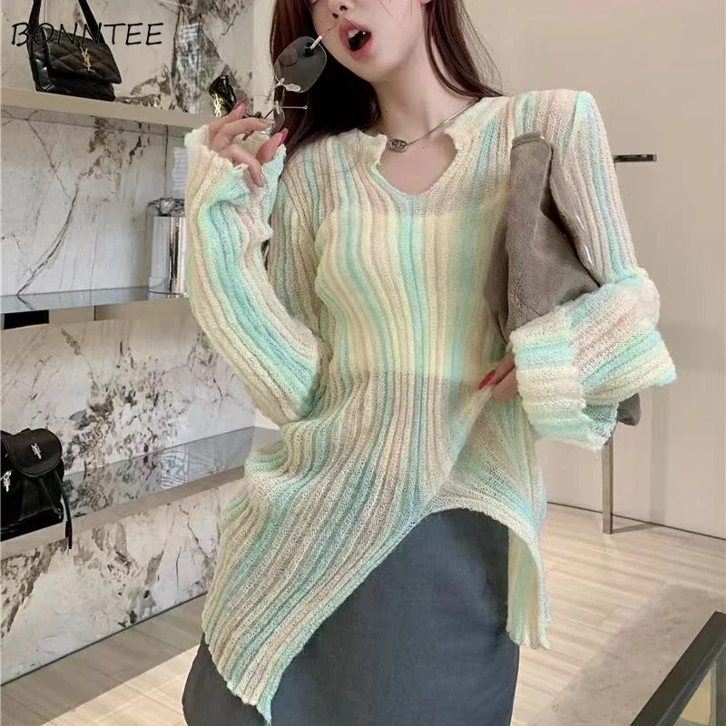 

Sunproof Striped Pullovers Women Summer Knit Temper All-match Loose Transparent Elegant Holiday Outwear Design Fashion V-neck