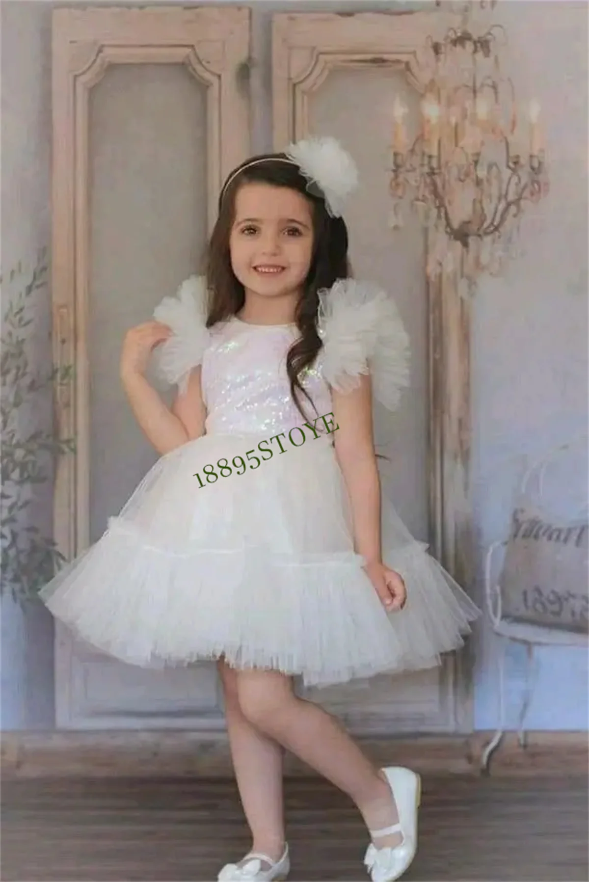 CustomizedFluffy Flower Girl Dress Birthday Short Sleeve Tulle Ball Gown Bow Knee Length Kids Shiny First Communion Lace Princes