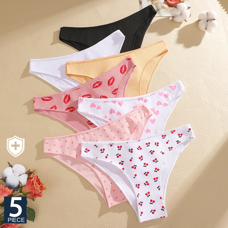 FINETOO 5PCS Women's Cotton Panties Low Rise Cute Prints Soft Stretchy Breathable Seamless Underwear Briefs for Women Daily Wear