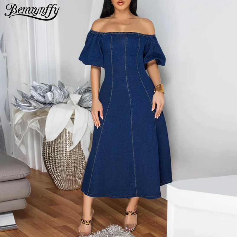 

Benuynffy винтажное джинсовое длинное платье с квадратным вырезом и пышными рукавами, женское лето 2022, модные элегантные платья трапециевидной формы на молнии с открытой спиной