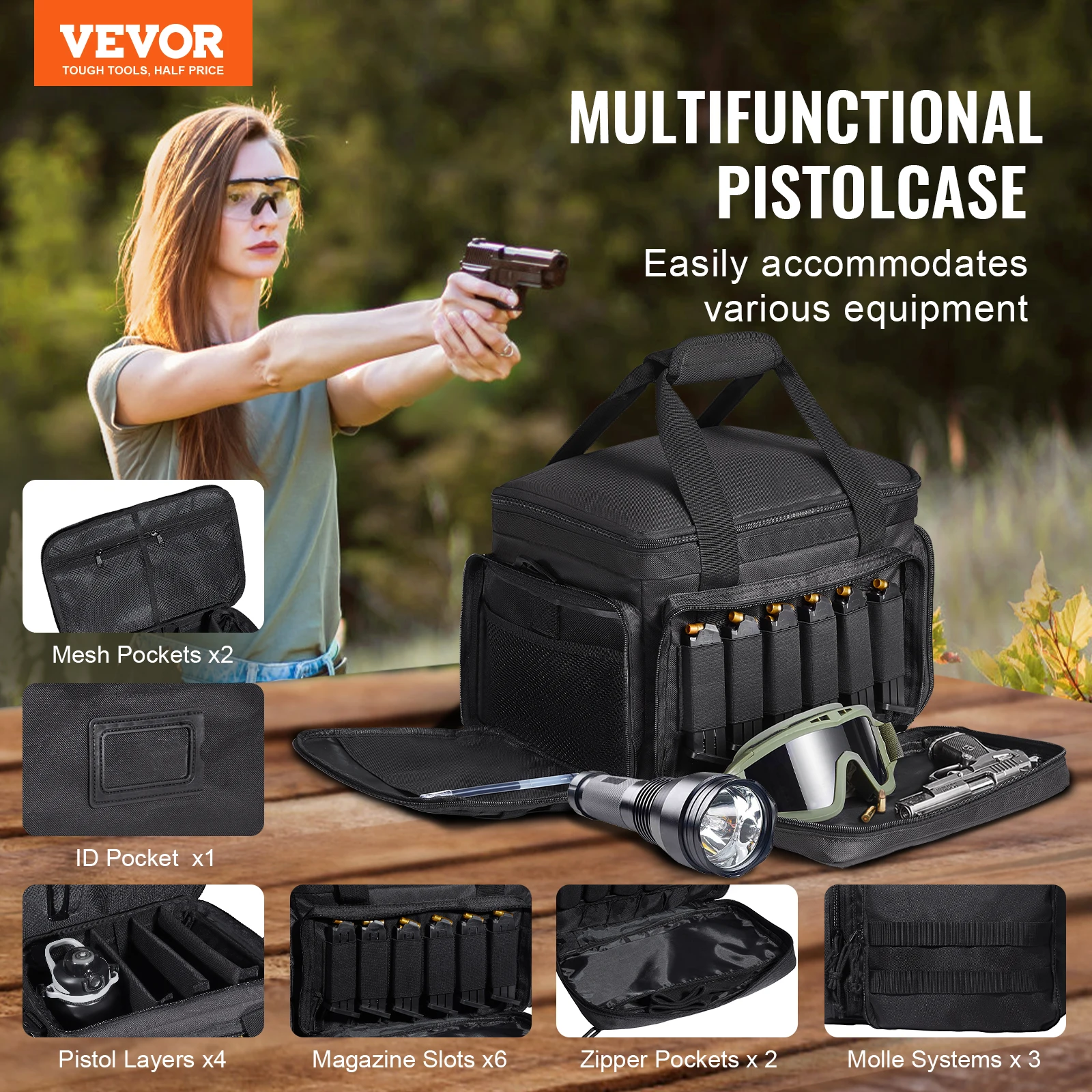 VEVOR Range Bag for Pistols Tactical Gun Range Bag with Detachable Baffles & Magazines Firearm Shooting Handgun Bag for Hunting