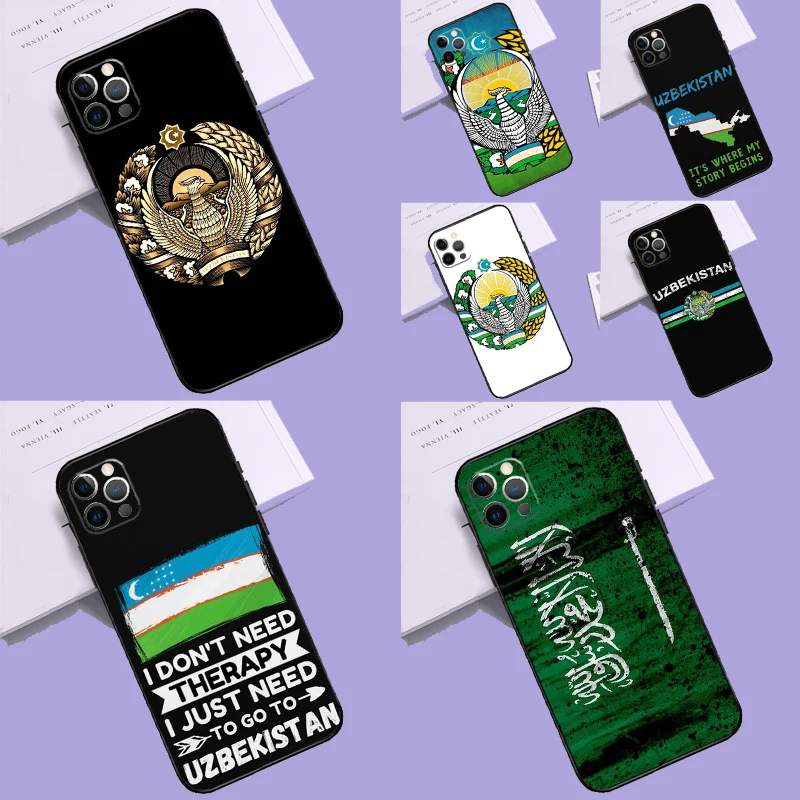 Emblem of Uzbekistan National Flag Funda Case For iPhone 11 12 13 14 15 Pro Max Plus Mini X XR XS Max SE 2020 2022 7 8 Cover