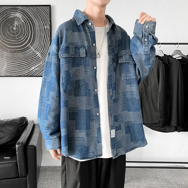 Japanese Retro Ethnic Style Sub Shirt Men's Long Sleeved Korean Trendy Loose Color Blocked Shirt Hong Kong Style Casual Jacket