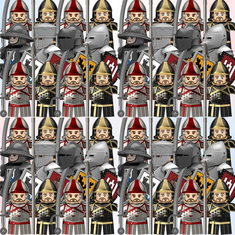 MOC Europäisches Mittelalterliches Militär-Schloss Ritter Baustein-Set Armee Krieger Rüstung Soldaten Figuren Schild Helm Bausteine Jungen Spielzeug Geschenk