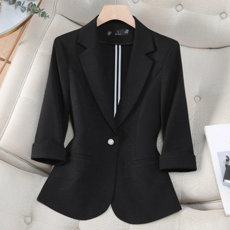 Women Blazers New Spring Summer Jacket Solid Color Seven-quarter Sleeve Ladies Formal Professional Office Suit Female Outerwear