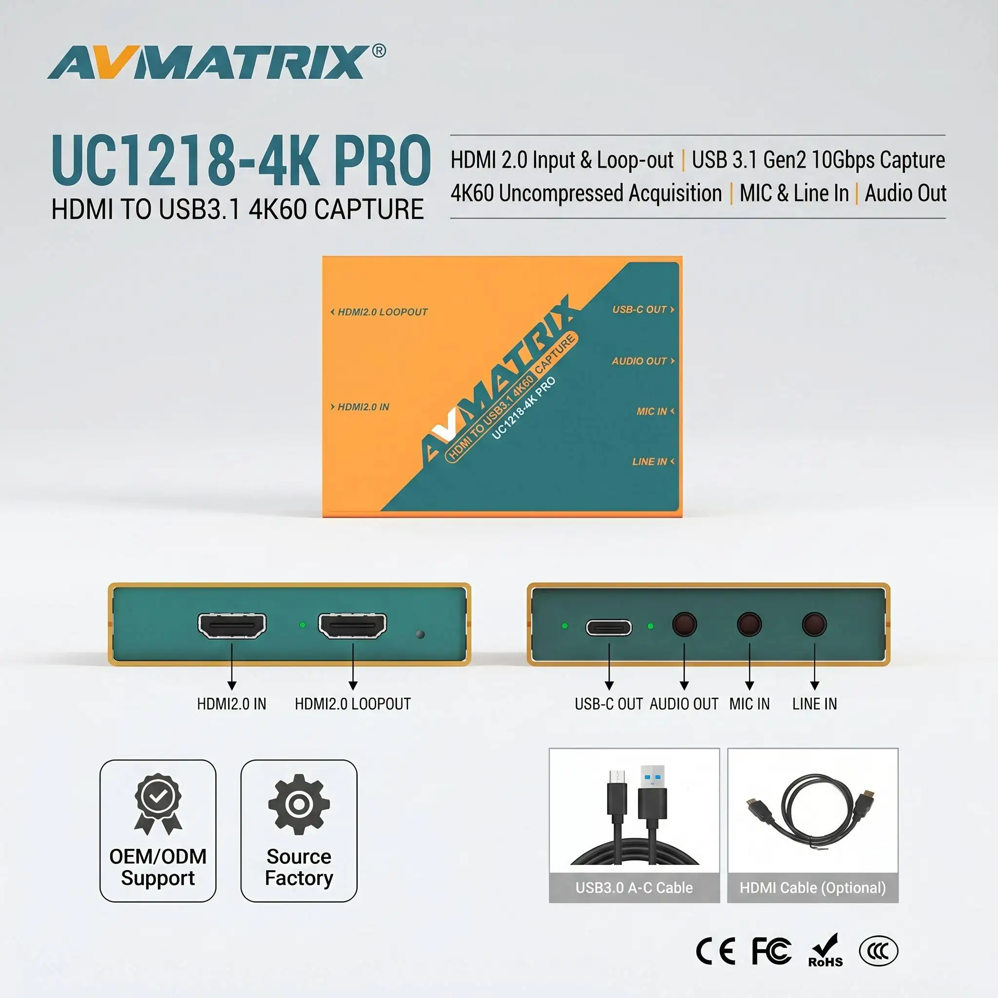 AVMATRIX UC1218-4K PRO HDMI 2.0 to USB 3.1 Capture Box 4K60 Uncompressed 10Gbps Loop-out 1080p240Hz for Gaming Live Stream