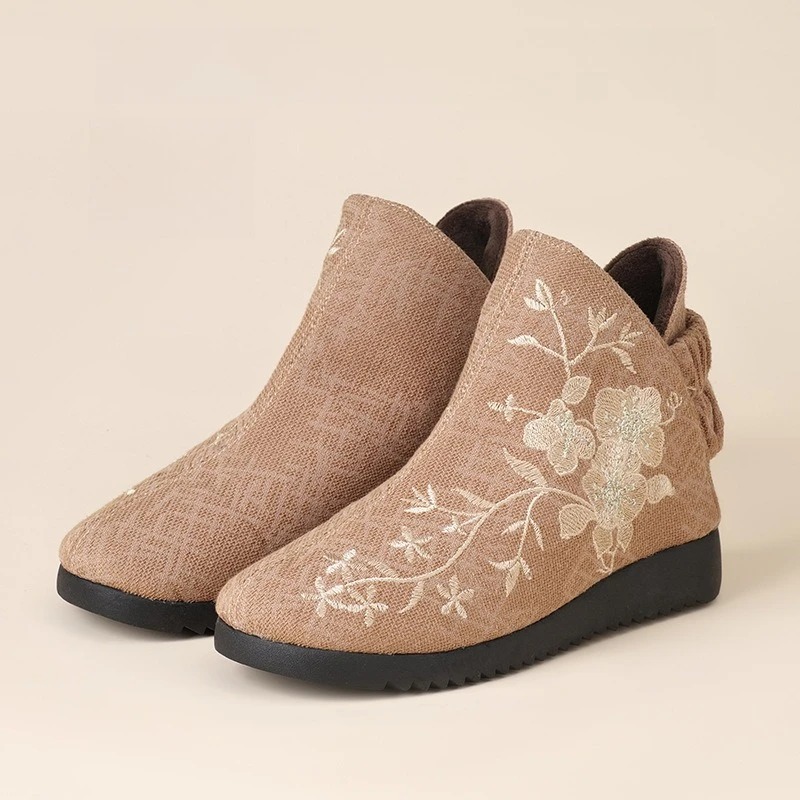 

2026 Women's Brown & Dark Gray Floral Pattern Linen Ankle Boots Comfort Casual Short Boots Q-212