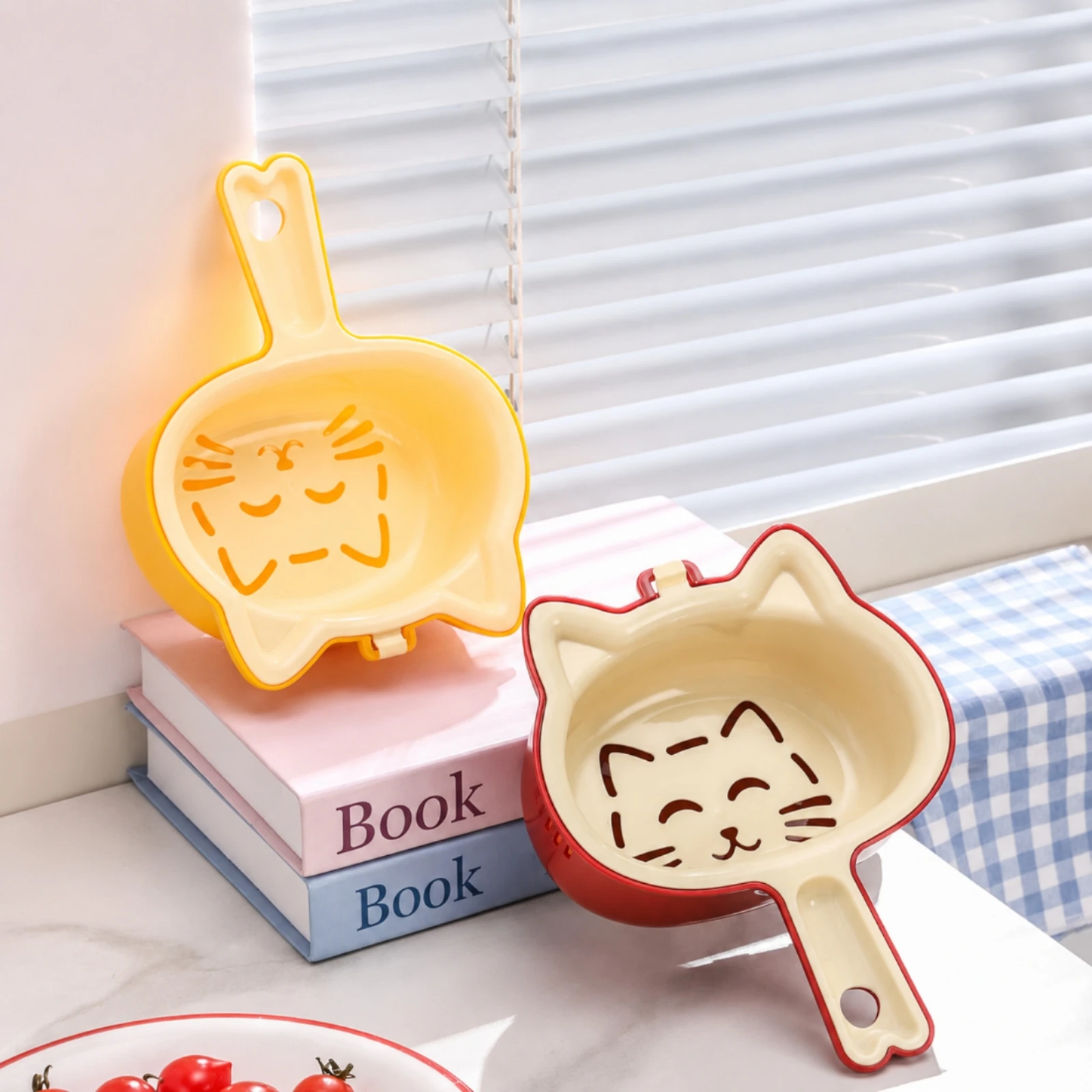 Double-Layer Draining Basket Integrated Handle Cat Draining Basket Double Layer Colander Bowl-Shaped PP Material